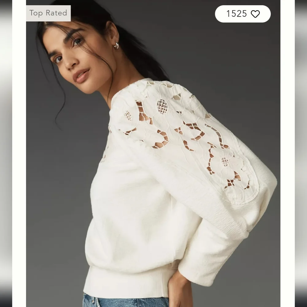 Anthropologie Lace Cutwork Mutton-Sleeve Top, Size Large - Picture 9 of 12